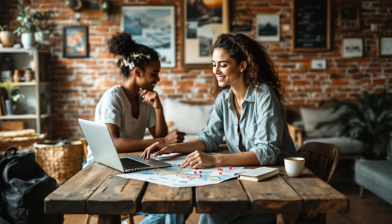 Young American backpacker plans a long Central America trip in a sunny hostel.