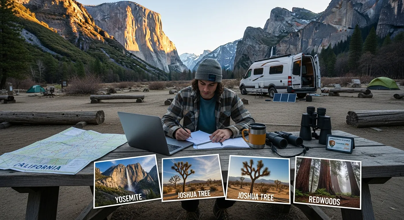 Traveler at Yosemite campsite planning visits to California’s mountain, desert, and coastal parks.