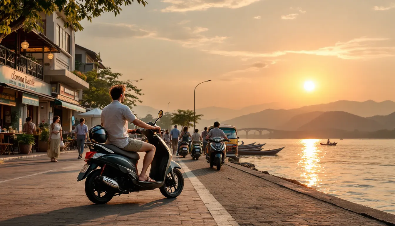 Traveler on a scooter watching sunset over the Mekong riverfront in Pakse.