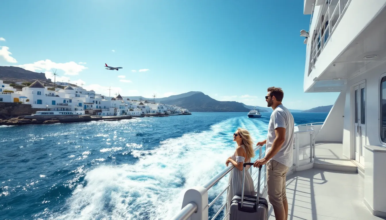 Travelers on a ferry approach Mykonos, with whitewashed town and windmills ahead.
