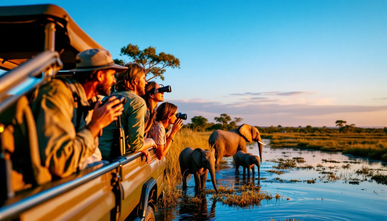 Small safari jeep quietly watching elephants cross a watery Okavango Delta at sunset.