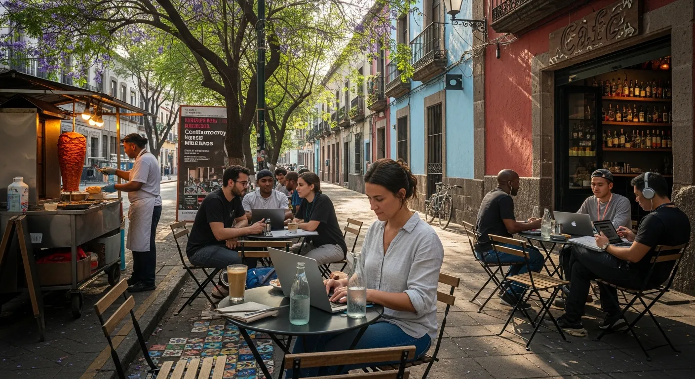 Remote workers at a leafy Mexico City café near a taco stand on a sunny day.