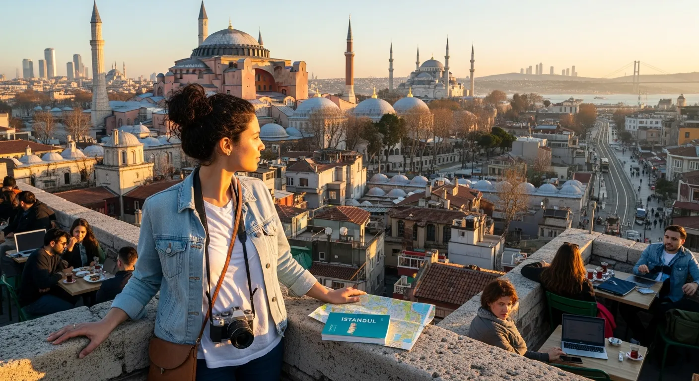 Traveler on an Istanbul rooftop overlooking Hagia Sophia, mosques, and modern skyline.