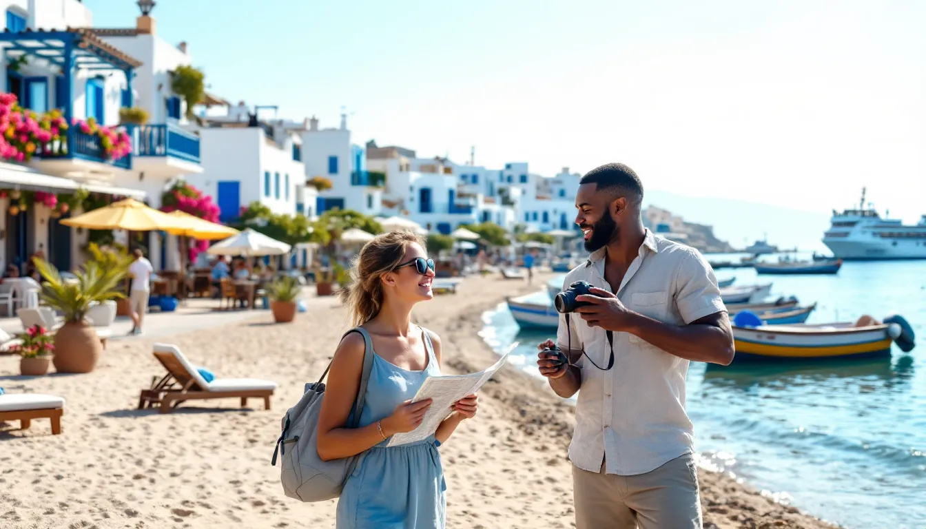 Couple walking along a quiet Paros harbor with sunlit whitewashed houses and sea.