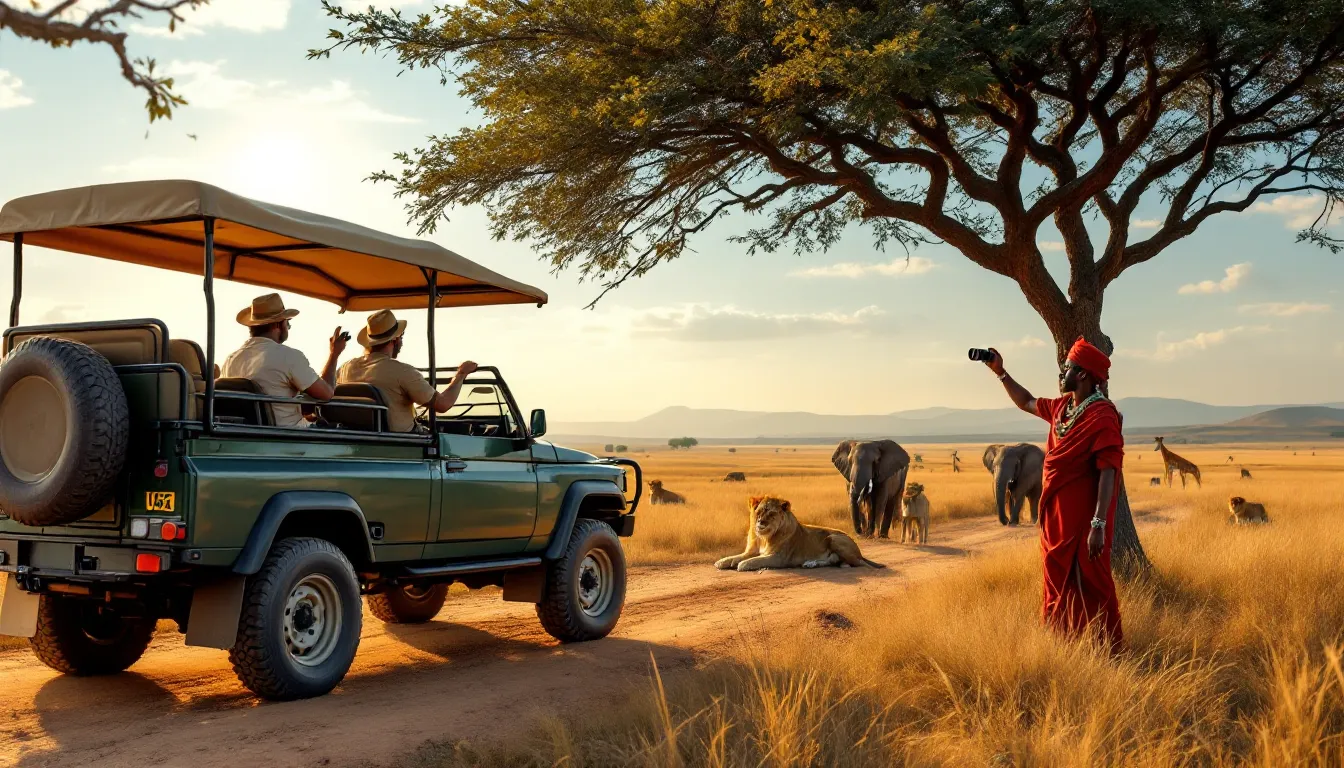 Tourists in a safari vehicle watching lions on a golden Kenyan savannah.
