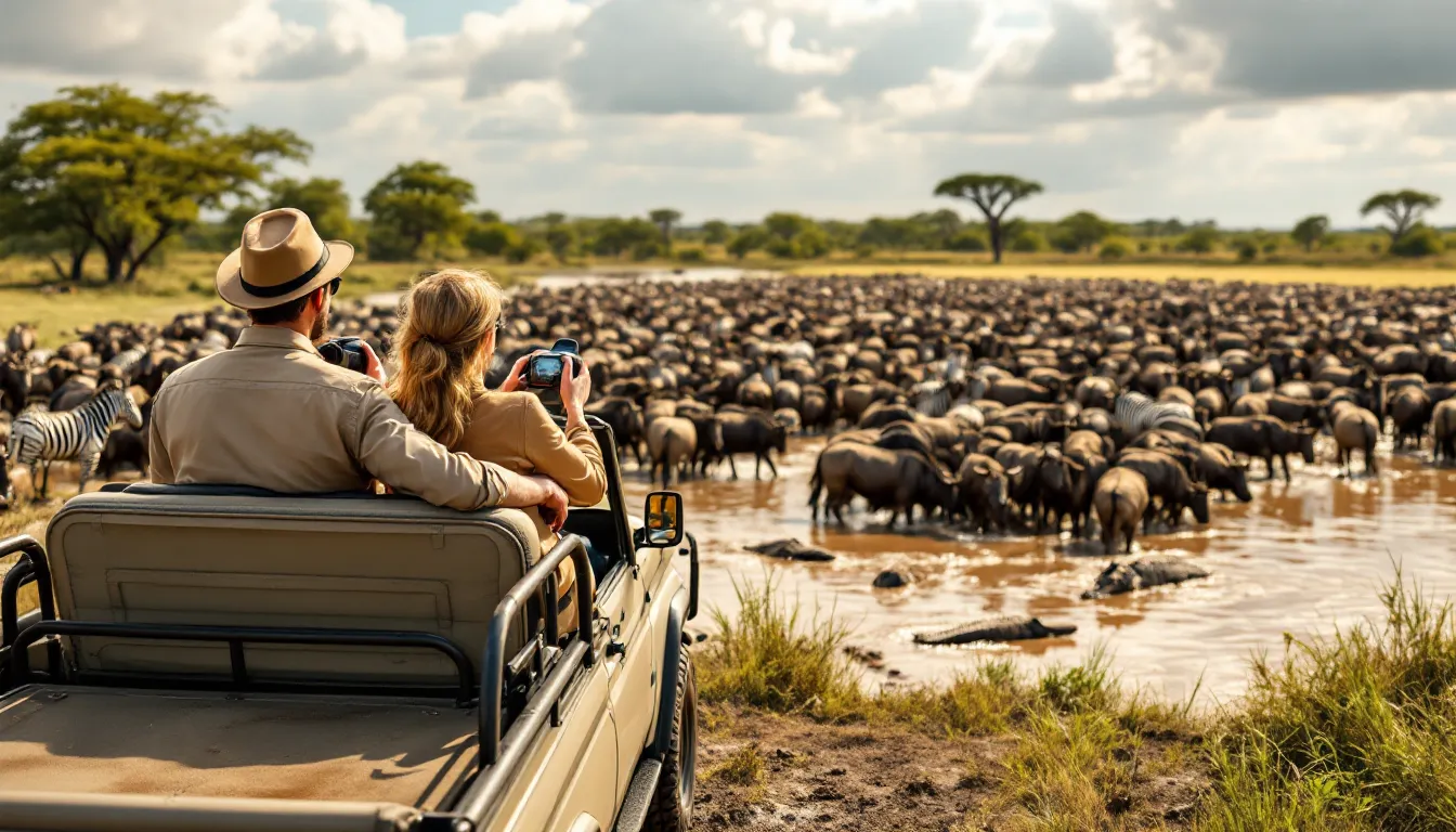 Tourists in a safari vehicle watching the Great Migration in Kenya’s Masai Mara.