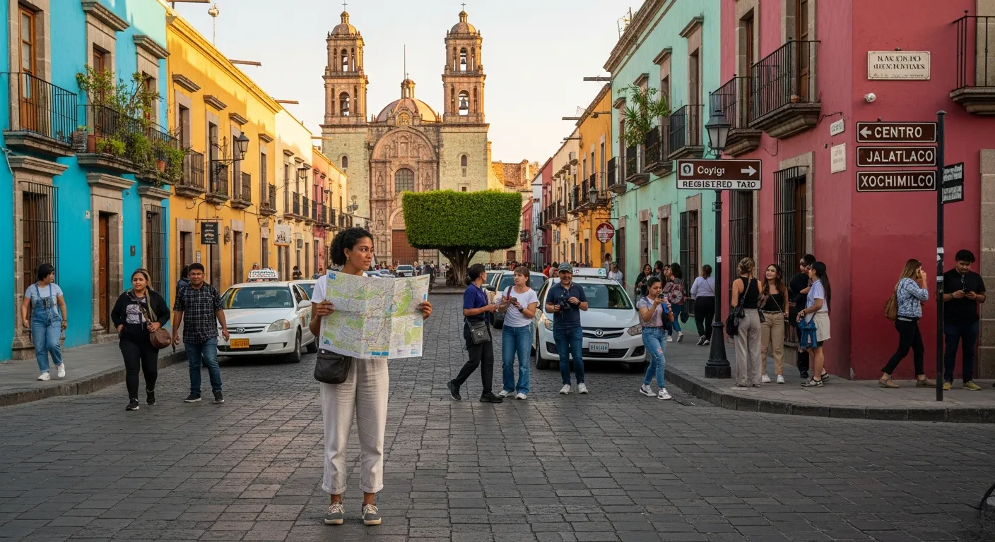 Traveler with map walking through Oaxaca City’s colonial center near Santo Domingo.