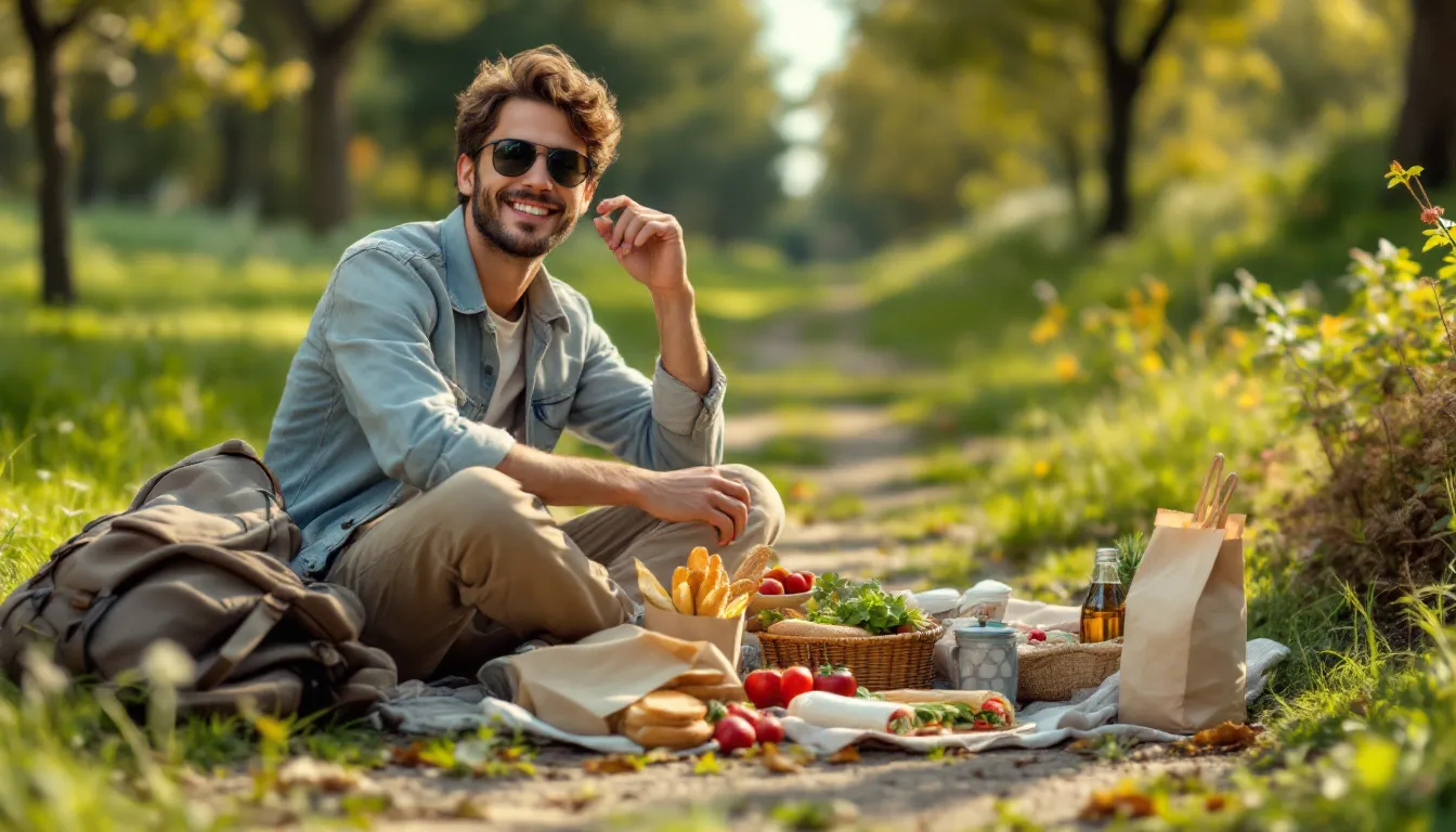 Young budget traveler picnicking in a European park with buses and city in background.