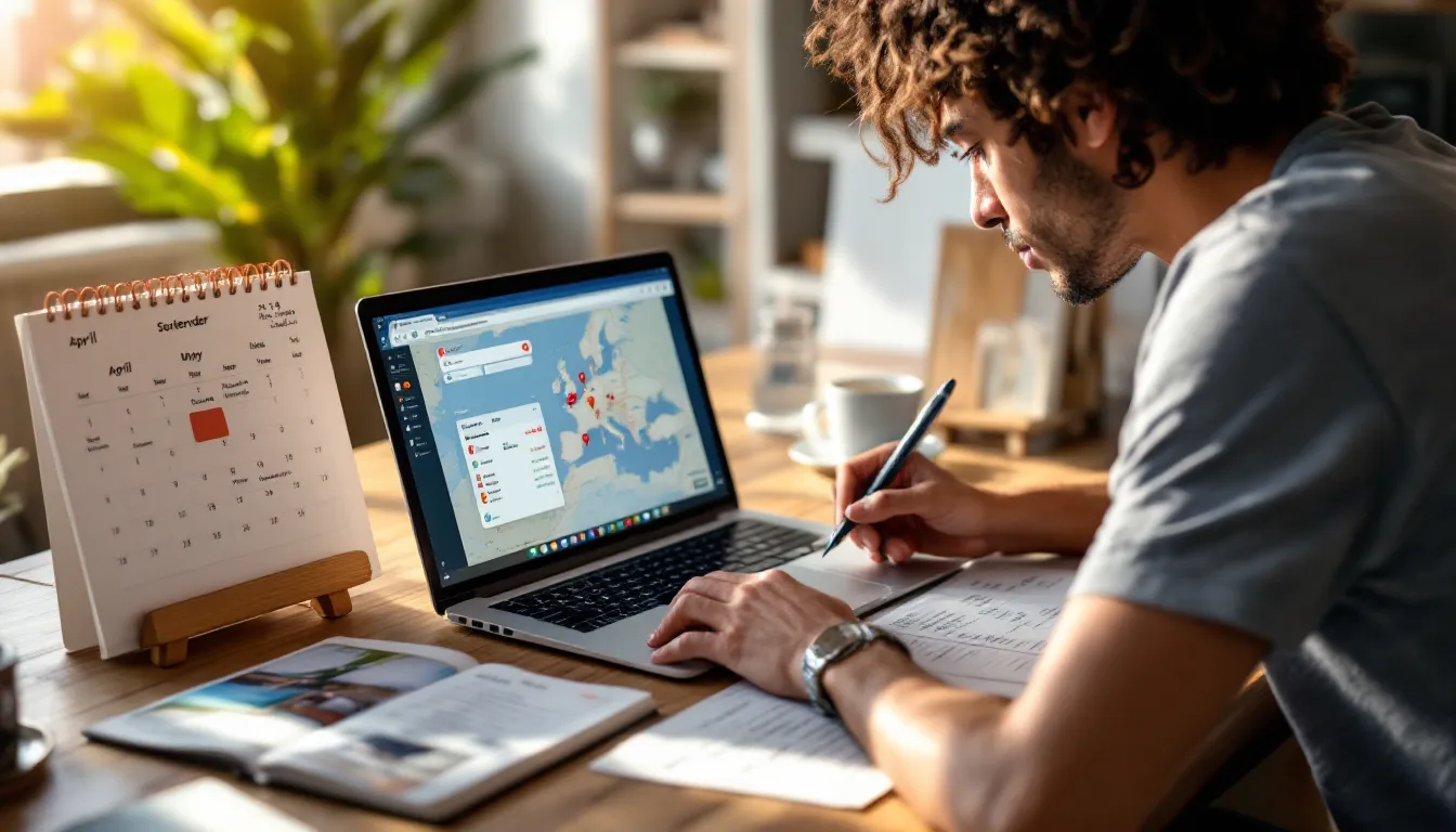 Young American planning a budget 2026 Europe trip on laptop with maps and calendar.