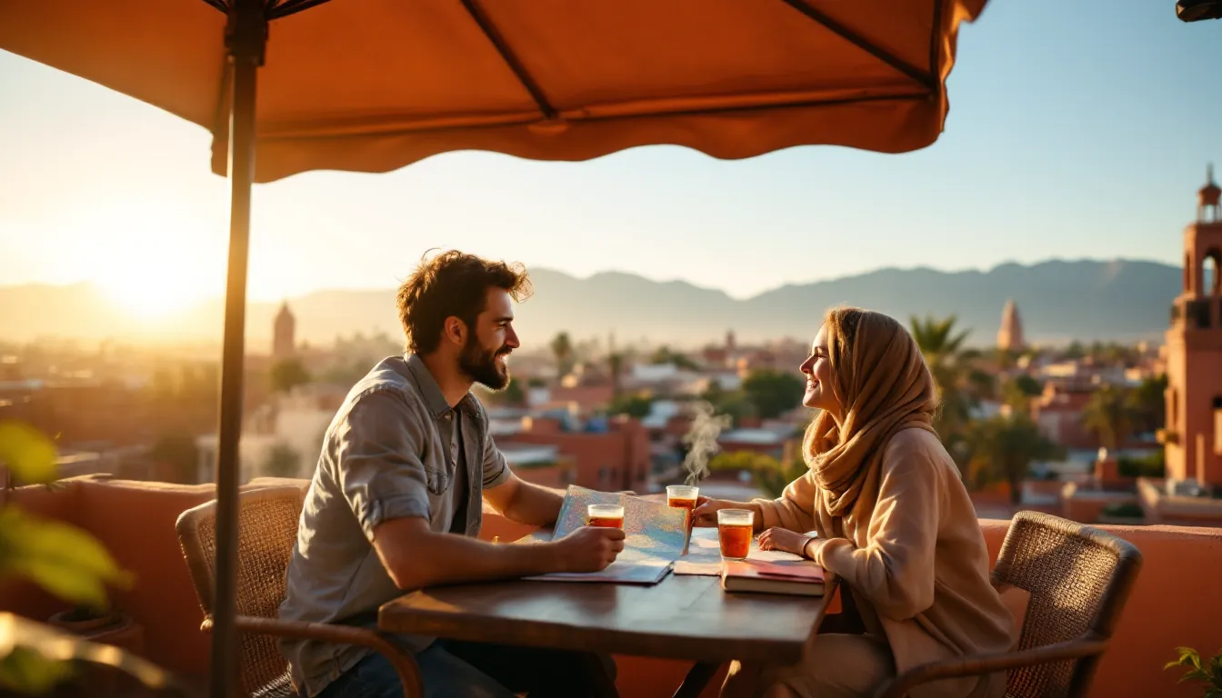 American couple planning a Morocco trip on a Marrakech rooftop at golden hour.