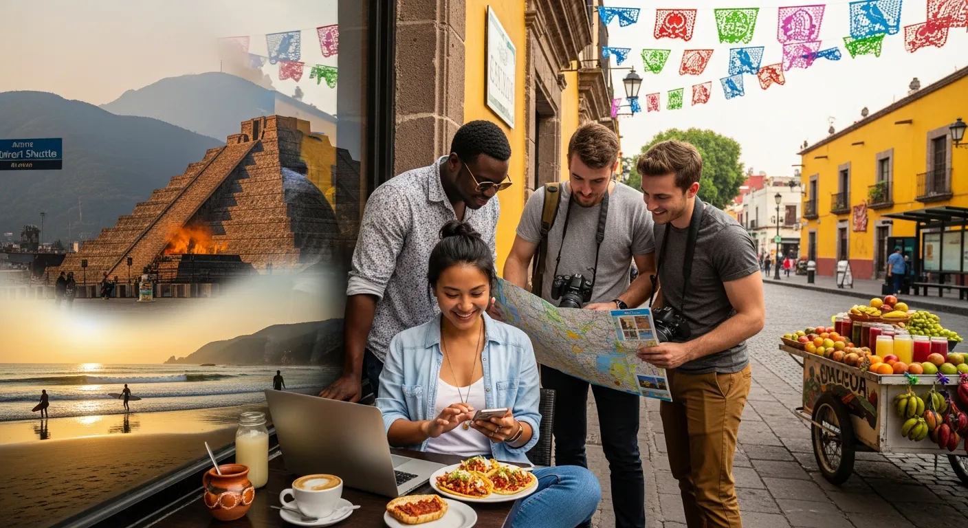Young U.S. travelers work and plan trips at a sunny café in Mexico City.