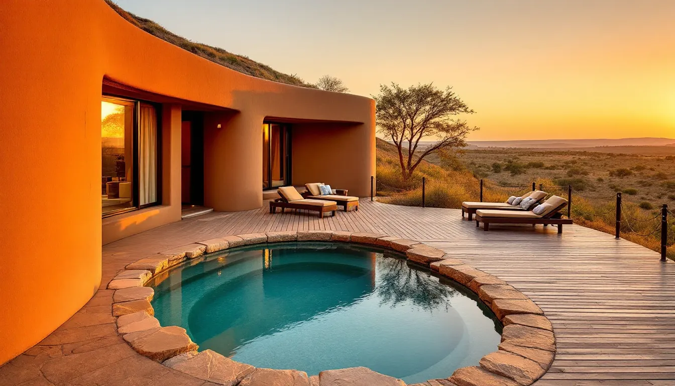 Earth-sculpted luxury lodge deck overlooking quiet savanna at sunset in Mpumalanga.