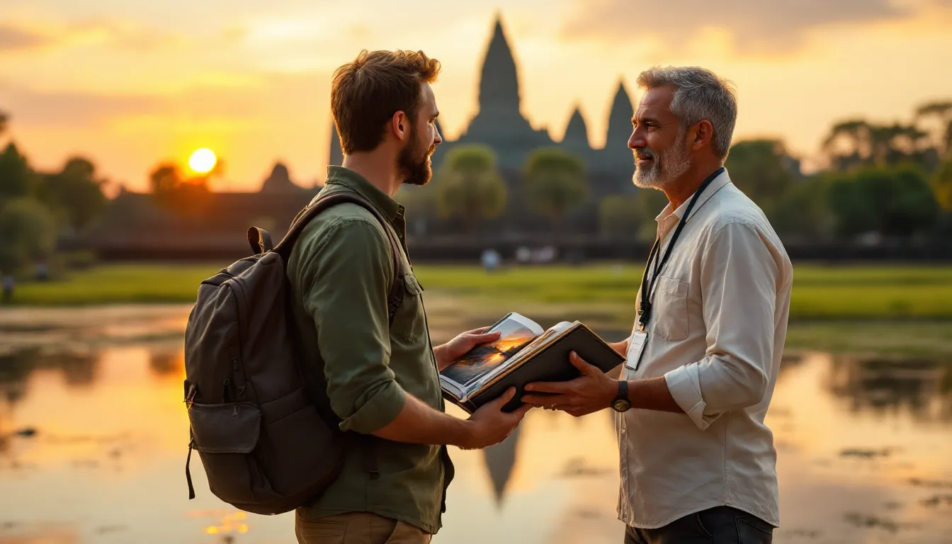 American traveler and Cambodian guide at Angkor Wat sunrise with trip itinerary.