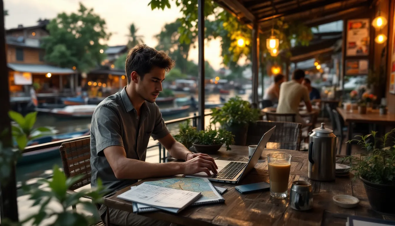Remote worker planning a trip at a riverside café in Pakse, Laos at sunset.