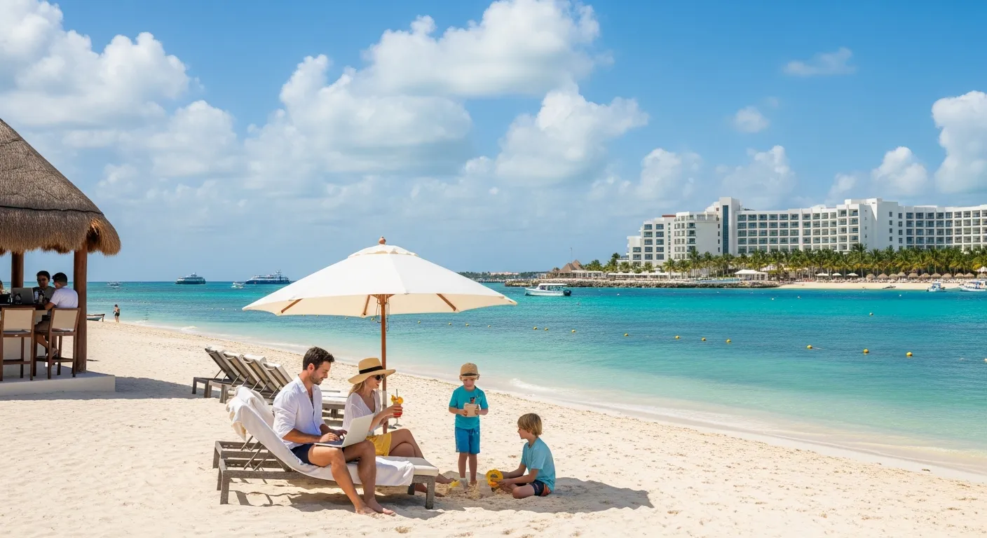 American family relaxing at a Cancún beachfront resort with turquoise Caribbean water.